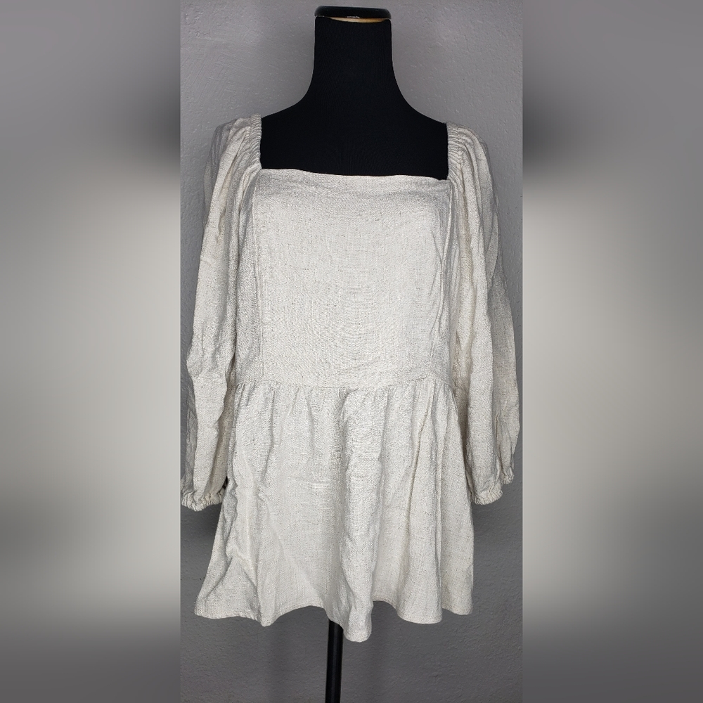 NWT Mayden Beige Rayon/Linen Ballon Sleeve Babydoll Top Size XL
